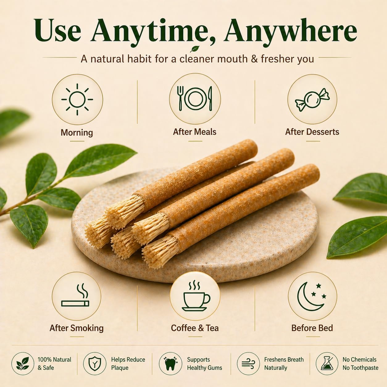 Natural Miswak Toothbrush Set with Olive Wood Handle (4-Pack)